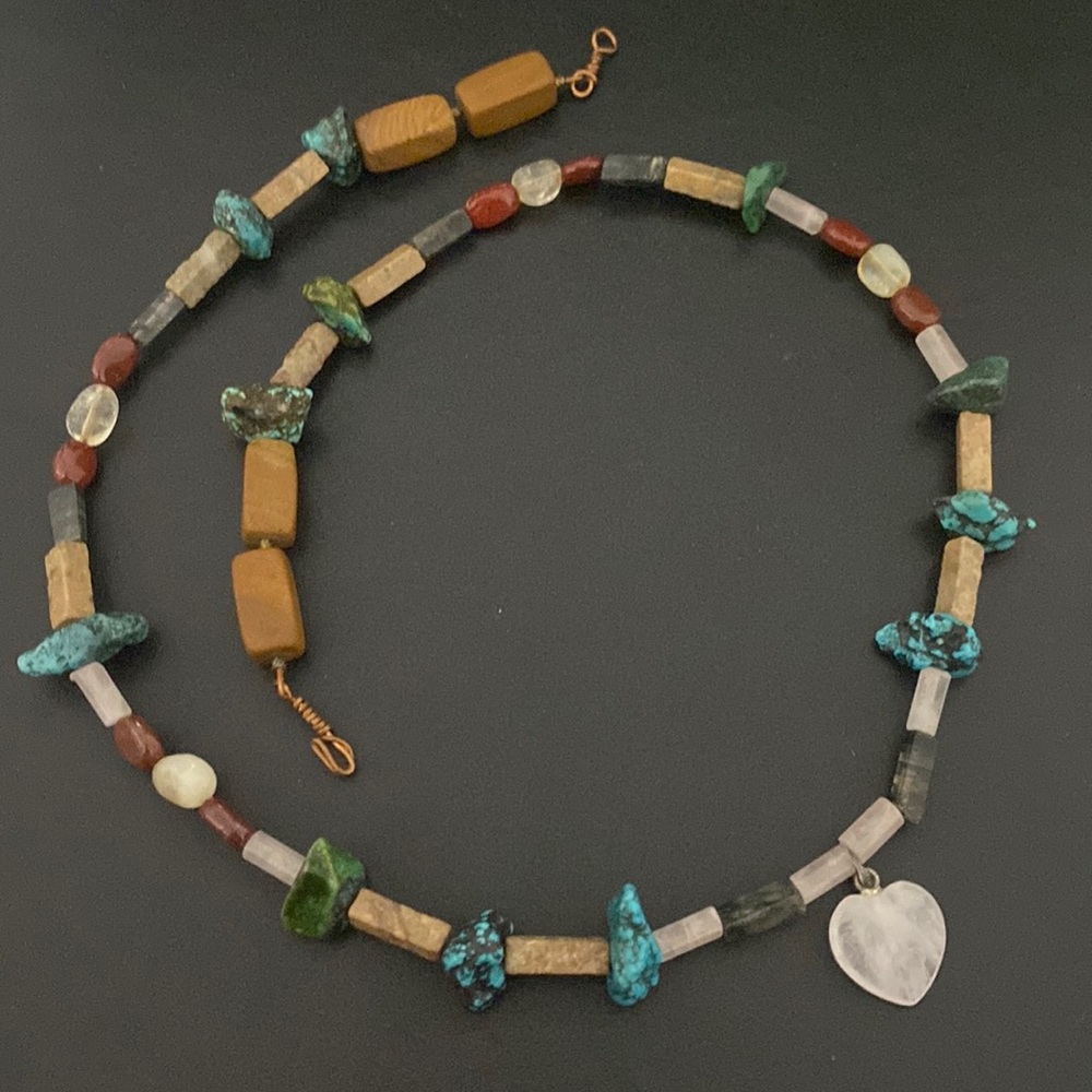 Artisan Natural Stone Necklace with Rose Quartz Heart
